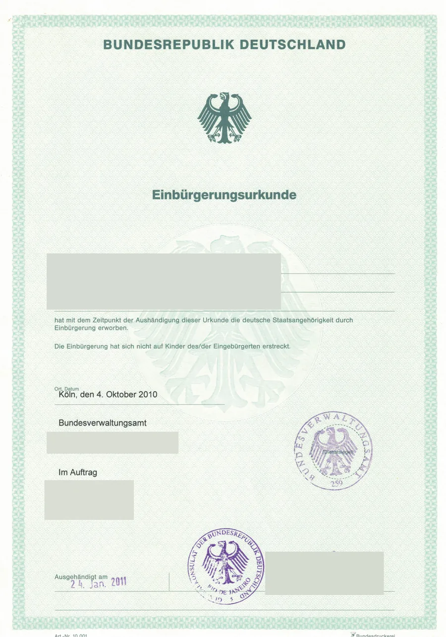 German naturalization certificate, 2010, with personal data blacked out