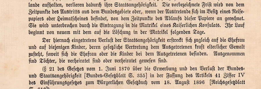 Section 21 of the 1870 nationality act printed in Fraktur at the foot of a 1910 Heimatschein