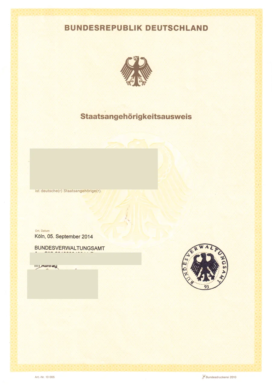 Certificate of German citizenship issued by the Bundesverwaltungsamt in Cologne, 2014, with personal data blacked out